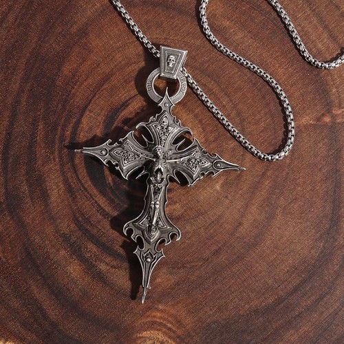 Men's Large Gothic Vintage Skeleton Cross Pendant Necklace Street Vintage Jewelr - Picture 10 of 12