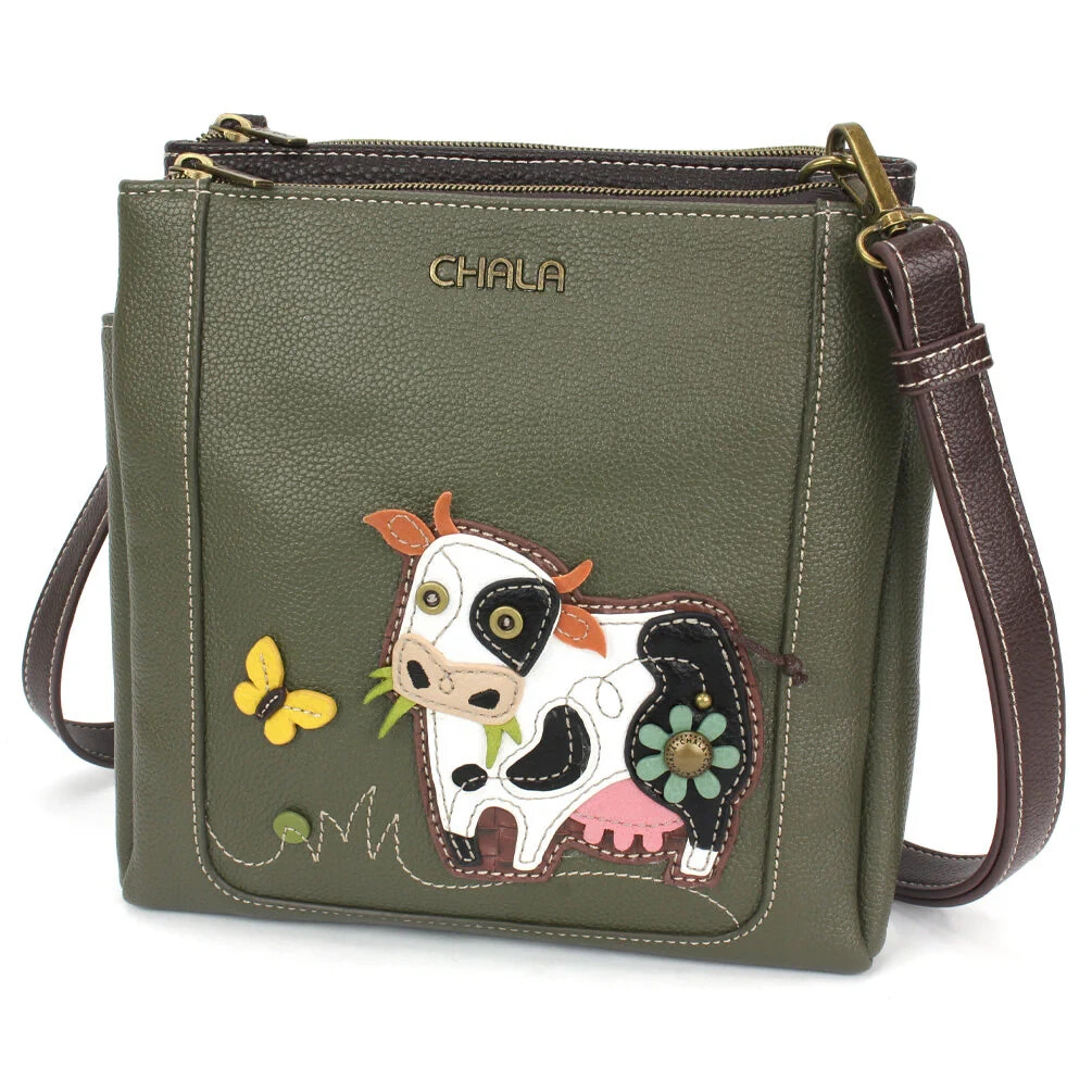 CHALA OLIVE GREEN COW MERRY MESSENGER CROSSBODY BAG PURSE FAUX LEATHER RFID
