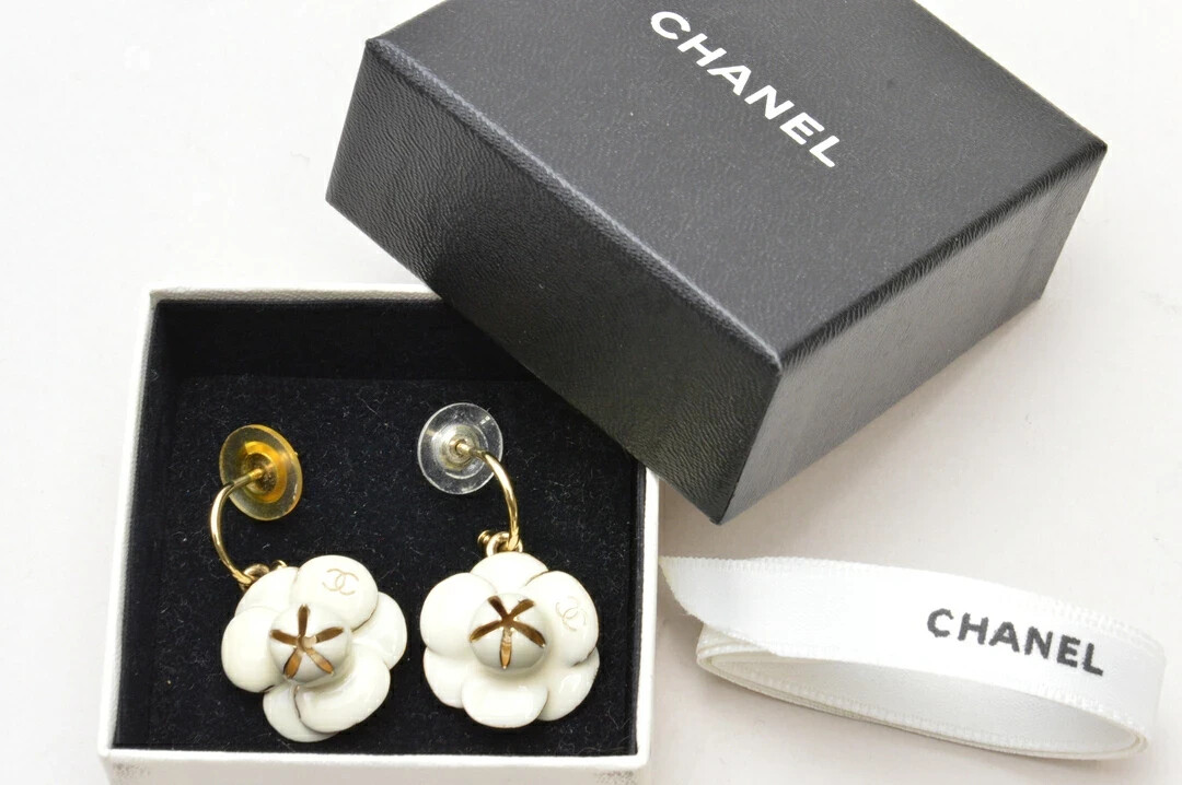 Chanel Camellia Hoop Earrings White Gold Coco Mark 02P with Box-image