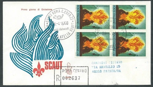 1968 ITALY FDC VENETIA 267 SCOUT QUARTINA ARRIVAL STAMP - CG
