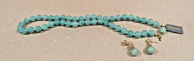 Vintage Trifari Aqua Blue Jade Bead 16'' Necklace & Earring Set NWT 51704