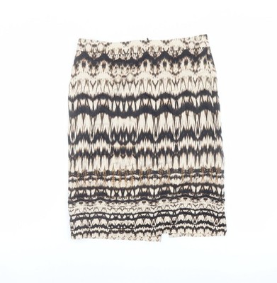 Marks and Spencer Damen Beige Geometrisches Muster Baumwolle A-Linie Rock Größe 10 Reißverschluss