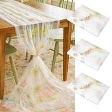 3 Pcs Wildflower Table Runner 10ft 29x120 Inch White Embroidery Tulle Spring
