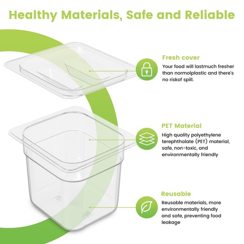 6 Pack Plastic Food Pan with Lid 1/6 Size 6 Inch Deep Restaurant Clear Food S... - Picture 3 of 7