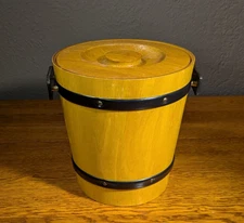 Vintage KMC Wood Ice Bucket w/ Leather Handles & Aluminum Lined MCM Barware EUC
