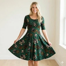 Lularoe Nicole Fit N Flare Dress Size Small Green Brown Flowers NWT