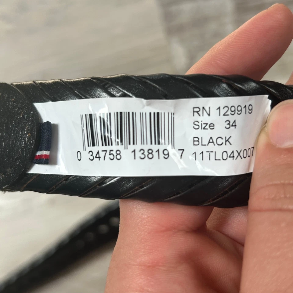 Tommy Hilfiger 黑色编织皮革腰带 34 码抛光银色扣 40 英寸长 — 第 4/4 张图片