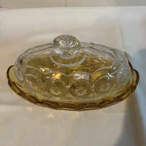 Amber Fairfield depression glass Butter Dish bottom  w/ Clear Moon & Stars lid