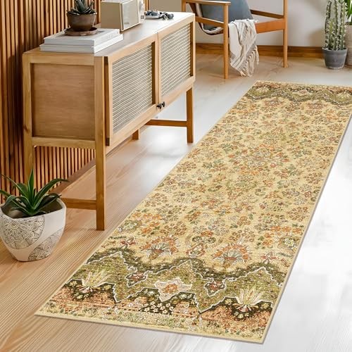 Hallway Runner Rug 2x6 Boho Rug, Green Washable Rug Non Slip Long Floral Rugs - Picture 1 of 6