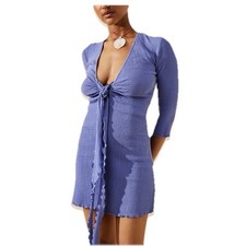 Free People Kianni Front Tie Textured Lettuce Trims Mini Dress L