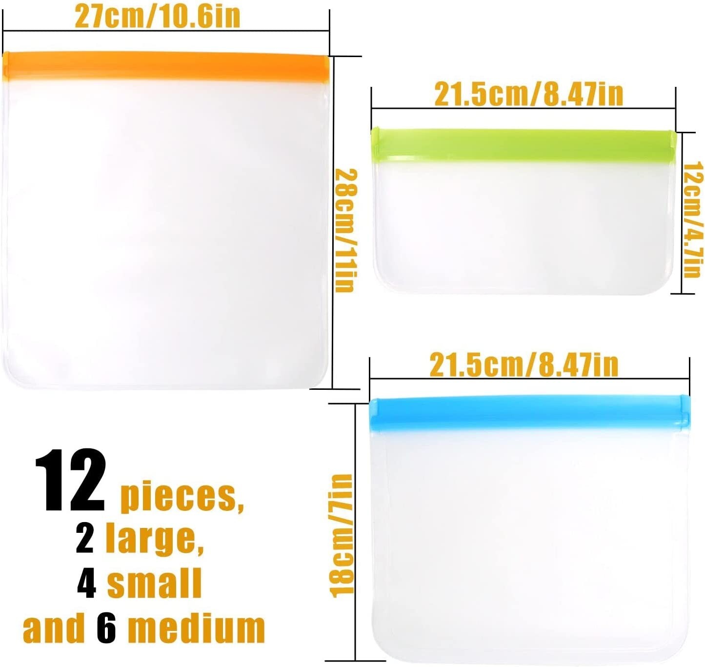 10 Pack Reusable Ziplock Bags Silicone Bags, 3 Large Food Storage Bags