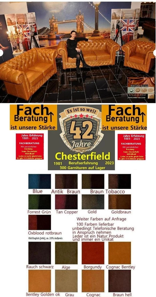 Chesterfield Newby  3+2+1 Echtes luxus Rinder Aniline Leder E1100 Federkern - Bild 2 von 4