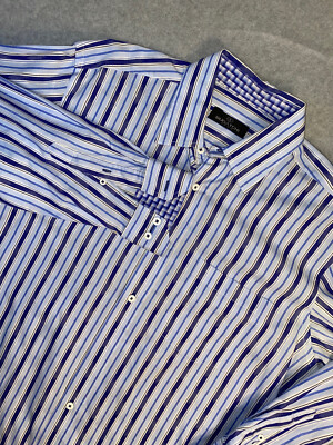 Bugatchi Uomo Flipped Cuff Shirt  Men Large Navy Stripped  Long Sleeve Shirt