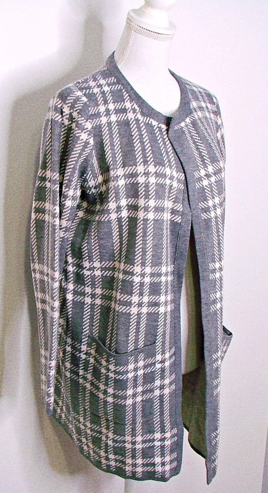 French Connection Womens Long Sweater Gray Pink Plaid Open Cardigan Pockets Sz M - Imagem 2 de 4