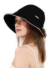 Women Sun Bucket Hat Ponytail Hole with Bow Tie Waterproof Ultra Wide Brim Be...