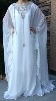 Stylish New Moroccan Dubai Kaftan Maxi farasha Abaya Dress White Fancy Long Gown