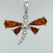 Cognac / Brown BALTIC AMBER Dragonfly Pendant 925 STERLING SILVER #2812