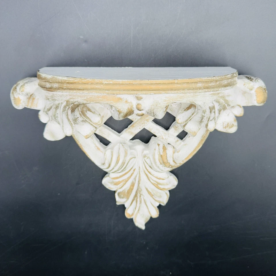 Ornate French Country Wall Shelf White & Gold Trellis 3D 12.5x5” Vintage - Image 2 of 4