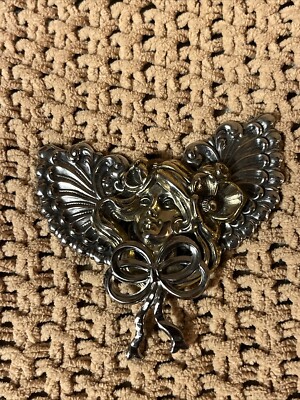 VTG Two Tone Jane  Lady Angel Pin Brooch Signed Victorian Style Floral Bow