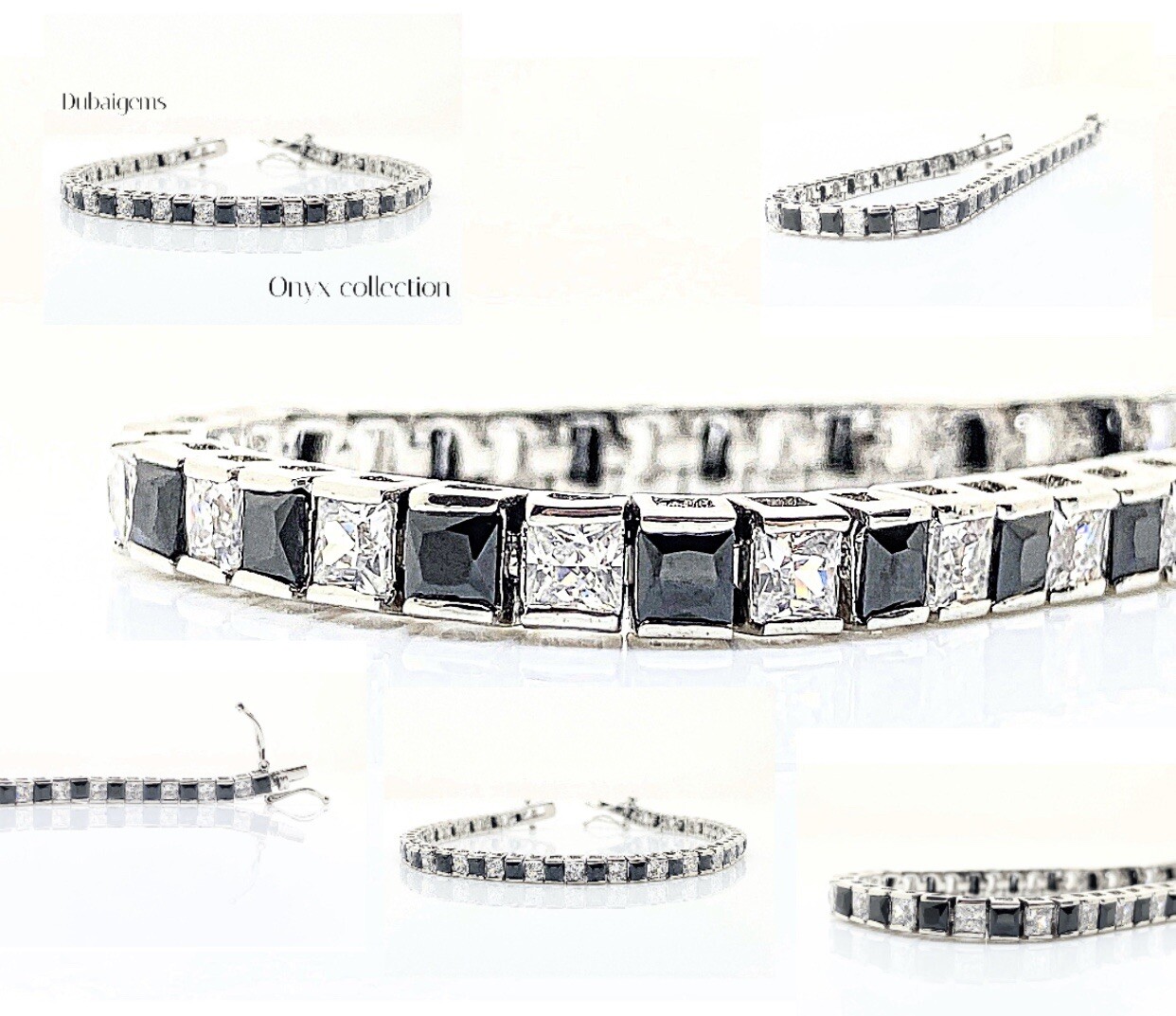 White gold finish princess cut Black onyx and  created diamonds tennis bracelet