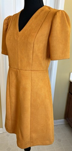 Ann Taylor 4 Small Mustard Yellow Faux Suede Puff Sleeve Stretch Sheath Dress - Picture 4 of 6