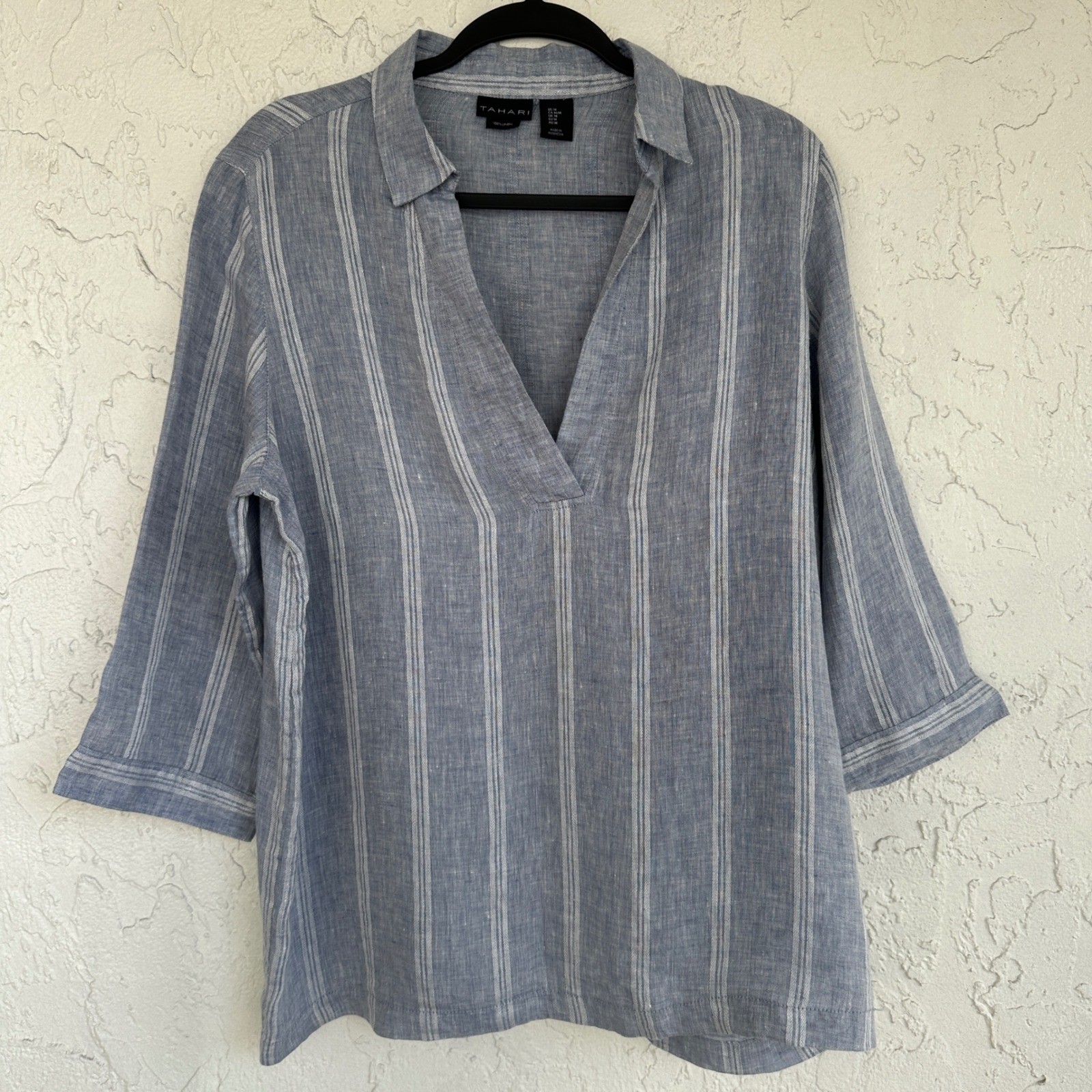 Tahari Striped Linen Popover Tunic Top Women Medium Boho Coastal Minimalist