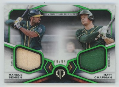 Matt Chapman/Marcus Semien 2021 Topps Tribute Dual Relics Green /99 Bat Jersey