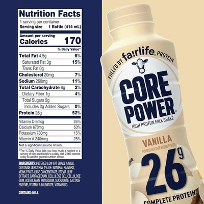 Core Power Vanilla Protein Shake – 26g Protein, 14oz Bottle, 12-Pack, Made In USA