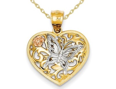 Schmetterling Herz Anhänger Halskette in 14K Gelb- und Weißgold mit Kette