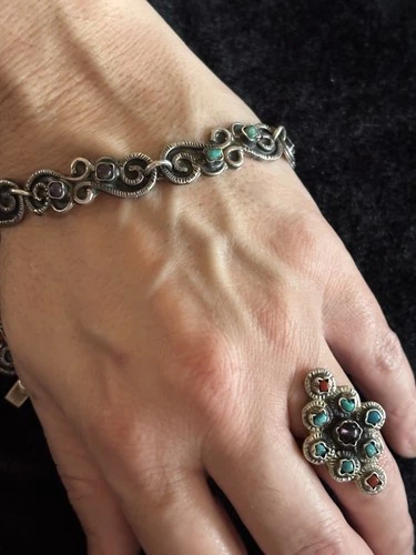 Taxco Sterling 925 Amethyst, Turquoise, Coral Vintage Bracelet Ring Set