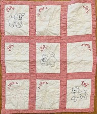 Hand Embroidered Vintage Baby Quilt Stitched Animal Squares Kitschy READ