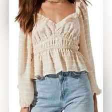 ASTR The Label Cream Long Sleeve Sweetheart Peplum Blouse Top Cottage Milkmaid