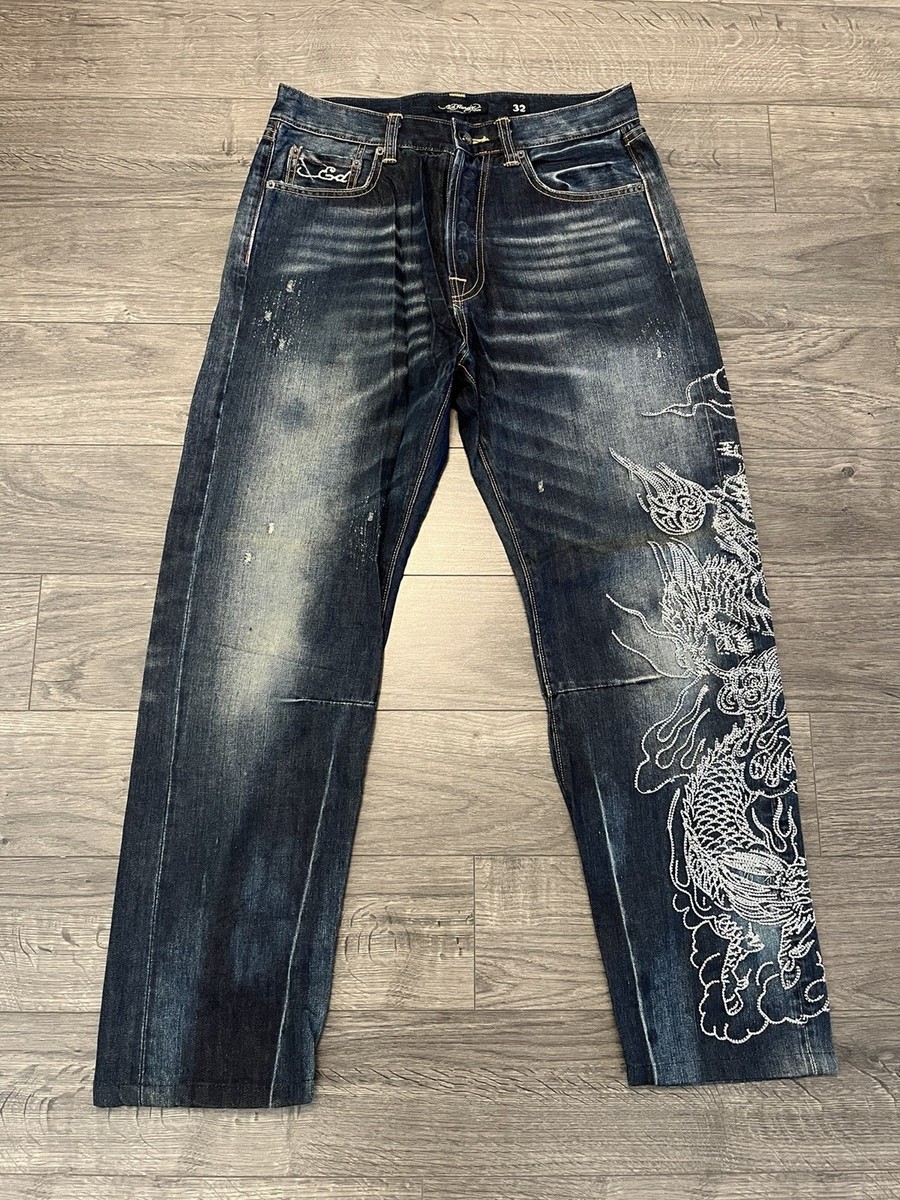 Vintage Y2K Ed Hardy denim jeans spell out embroidered distressed