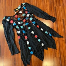 Floral Crochet Witchy Dress Shoreline Sharkbite Hem Long Sleeve Boho New Sz L XL