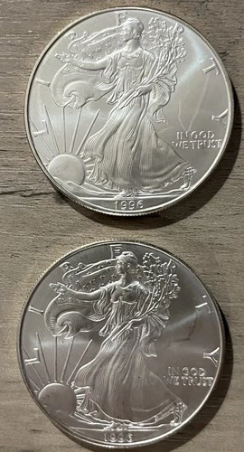 (2) 1996  AMERICAN SILVER EAGLES 1 OZ .999 FINE SILVER
