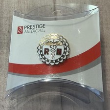 Prestige Medical RN Registered Nurse Pin Emblem Red Caduceus Scalloped Edge 3/4"