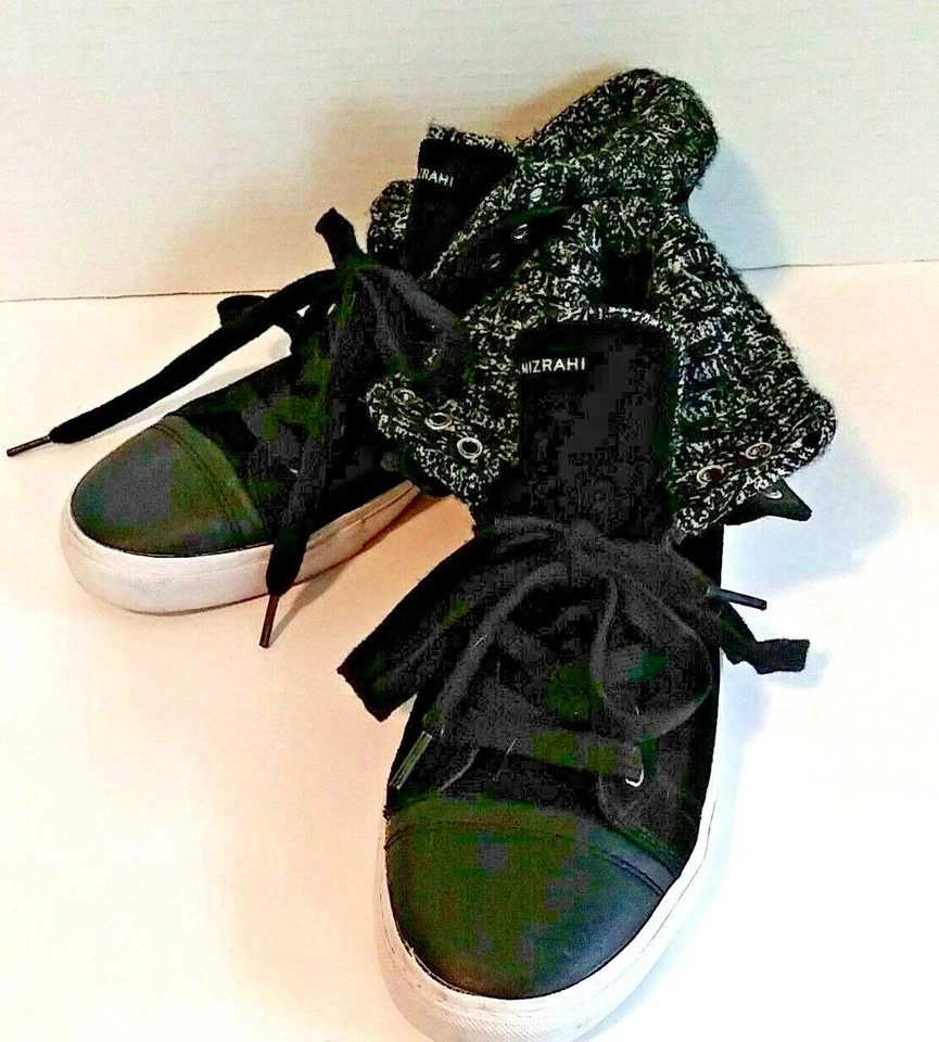 Zapatillas plegables Isaac Mizrahi para mujer talla 9,5 negras/blancas tejidas/cordones de tela Foto 3 de 4