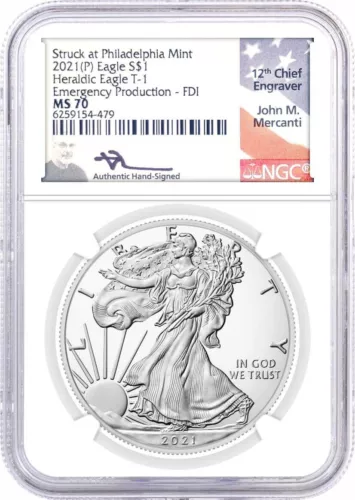 2021 $1 (P) Silver Eagle Type 1 Struck at Philadelphia NGC MS70 FDOI Mercanti