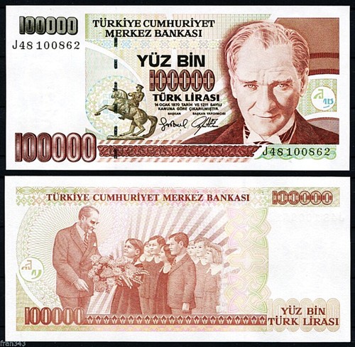 Turkey 100000 Lira 1970 - 1997, UNC, 5 PCS Consecutive LOT, P-206, Prefix J - Picture 2 of 2