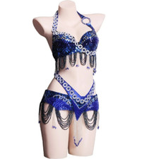 Oriental Belly Dance Costume 2-Pieces Sequins Bra Belt Professional StageOutfit