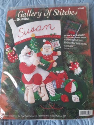 1995 Bucilla Gallery of Stitches 15''  Felt Stocking - SANTA'S WORKSHOP - #33508