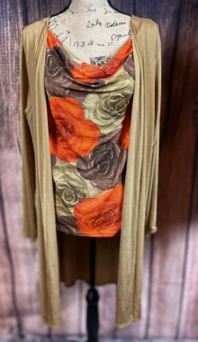 VTG DYNAMITE ONE PIECE LONG SLEEVE MUSTARD & FLORAL DESIGN BLOUSE USA MADE SZ 2x - Picture 2 of 5