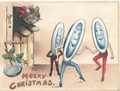 fantasy dishes dance, kitten, artist B. Cobbe, R. Tuck Christmas card