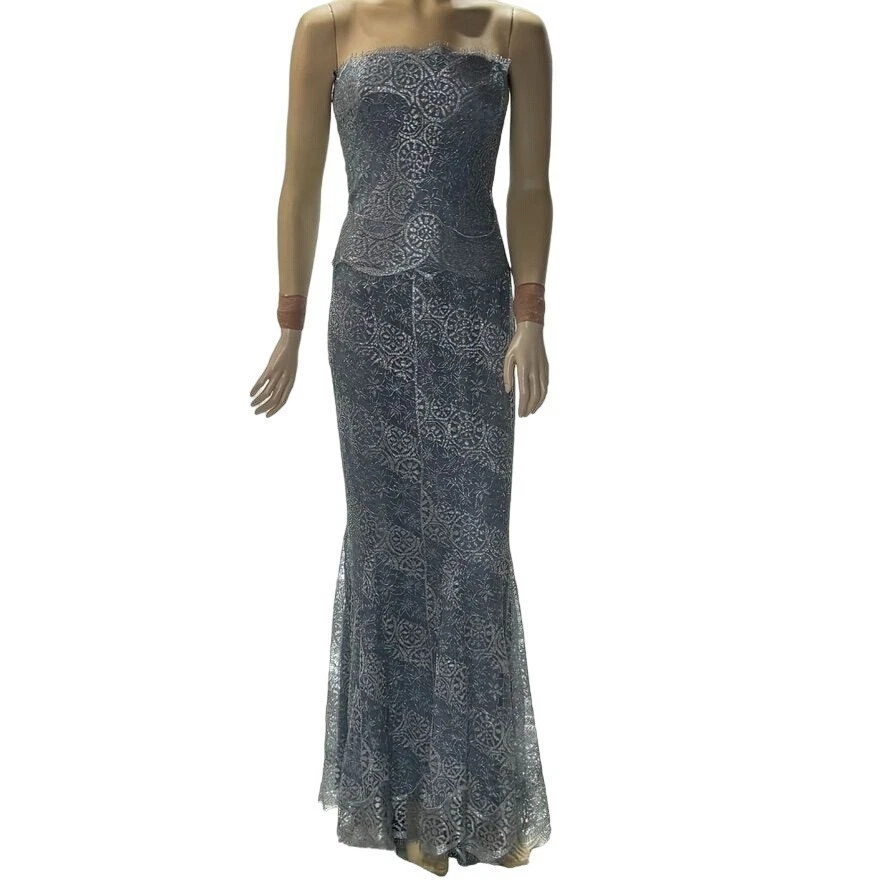 Rickie Freeman Teri Jon 女式银色灰色蕾丝无肩带晚礼服 16 码 — 第 2/4 张图片