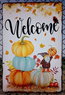 RETRO ''WILLKOMMEN - WICHTEL & KÜRBISSE'' süßes BLECHSCHILD 30x20cm Neu Geschenk 