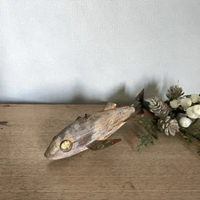 Wooden Fish Decoy Ice Fishing Spearing Vintage Hand carved Metal Fins 5”