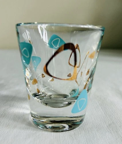 Vintage Federal Atomic Amoeba Boomerang MCM Shot Glass Turquoise & Gold