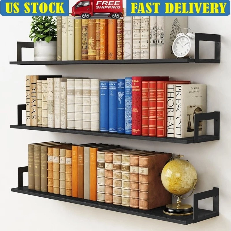 Large Floating Wall Shelves Set of 3 Stylish Wood Book Decor Easy Install New