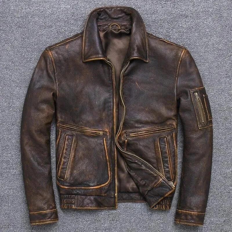 Men's Vintage A2 Bomber AIR Force Style Waxed Tan Brown Real Leather Jacket