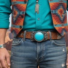 Men / Women Western Fashion Belt Buckle Silver Metal Turquoise Blue Bead Cowboys